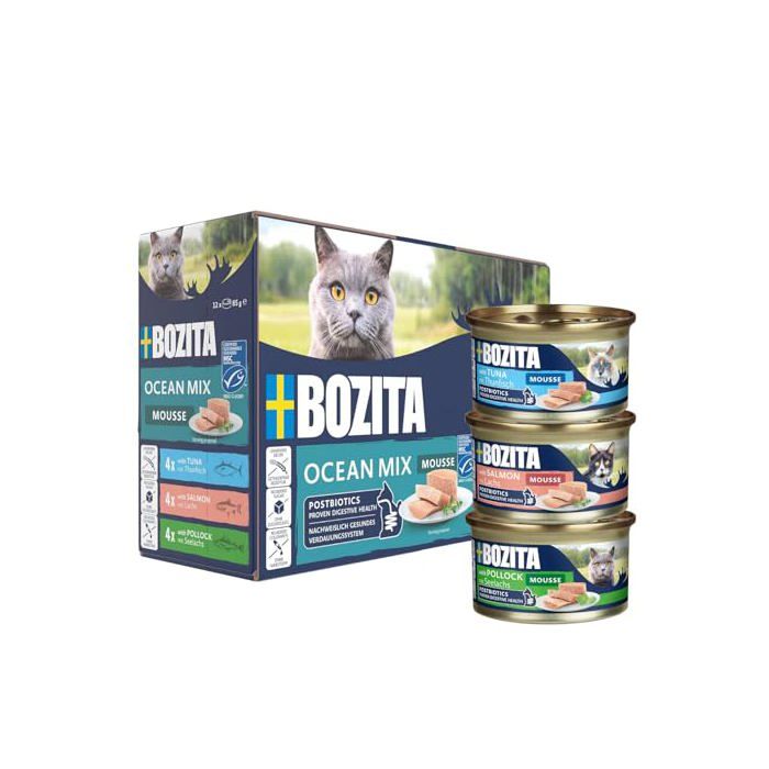 Nourriture humide pour chats - BOZITA - Mousse Ocean Mix - Sans céréales - Avec postbiotiques - 12 x 85 g