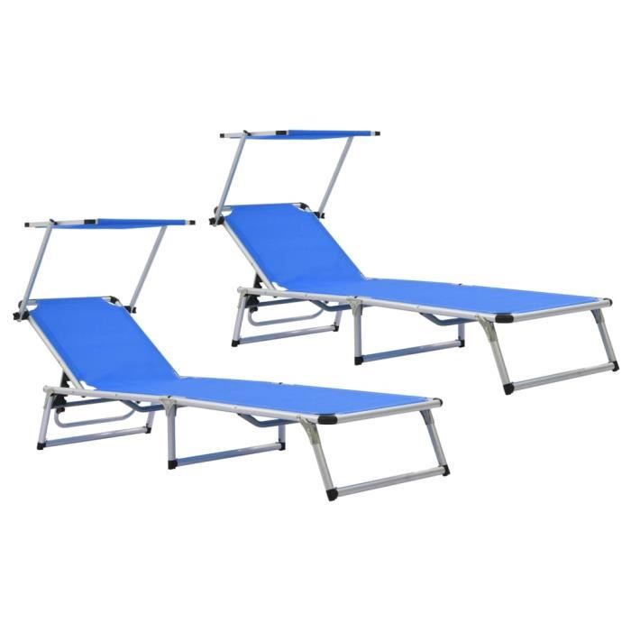CWU Chaises longues pliables et toit 2 pcs Aluminium textilène Bleu