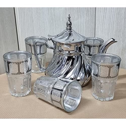 Service à Thé Marocain Traditionnel - Théière Métal + 6 Verres + Plateau + 4 Sachets De Thé | Cadeau Parfait