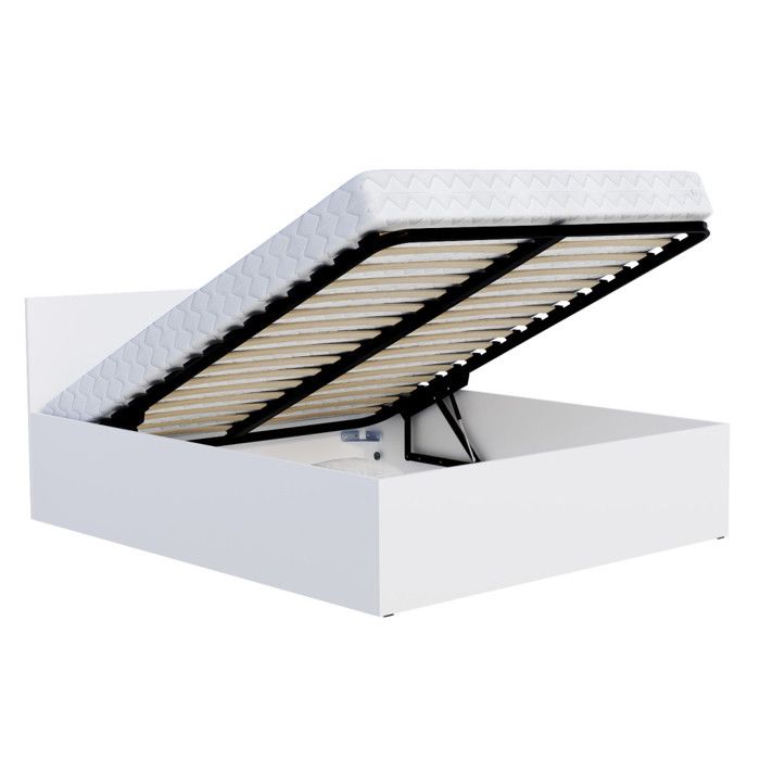 Lit coffre 140 x 200 cm avec sommier à lattes relevable et rangement intégré - Blanc - Modèle PARIS
