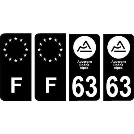 Lot De 4 Autocollants Département 63 (Puy-de-Dôme) Pour Plaque Immatriculation - Noir & F