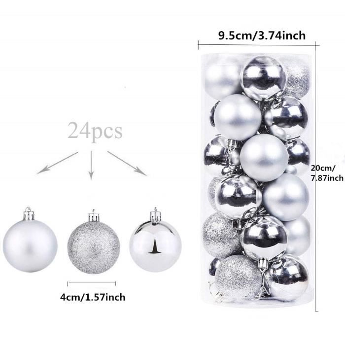 24pcs Boules De Noël Plastique 40mm Incassables Pendentif Boules Sapin De Noelargent