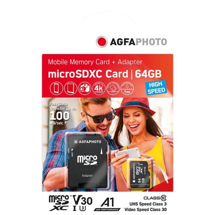 Agfa Photo Carte MicroSDXC 64 Go High Speed - Vitesse de lecture 100 MB/s - Vitesse décriture 50 MB/s
