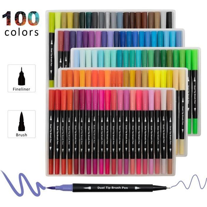 Feutres Coloriage 100 Couleurs Stylo Aquarelle Brush Pen Marqueur pour  Feutre Coloriage Adulte et Enfant, Bullet Journal, Dessin, Peinture,  Mandala, Pointe Pinceau 1-2 mm et Pointe Fine 0.4 mm : :  Fournitures