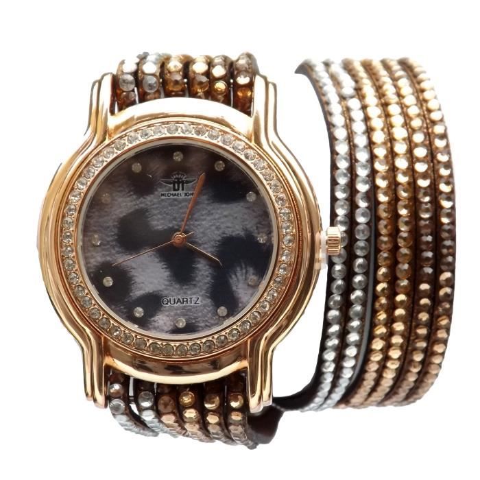 Montre bracelet femme double tour léopard strass ...