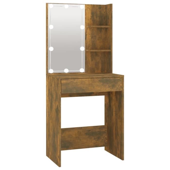 Coiffeuse - DILWE - Chêne fumé - 60x40x140 cm - LED - 1 tiroir - Miroir inclus