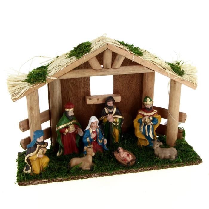 Crèche de Noël en bois et polyrésine avec toit en paille Hauteur 20cm