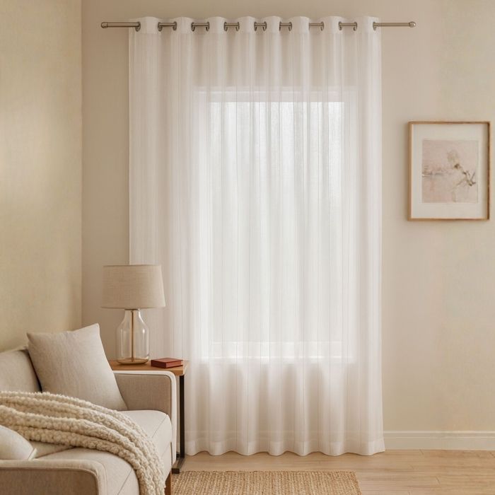 Voilage fines rayures brodées avec grande largeur Blanc 200x260 cm