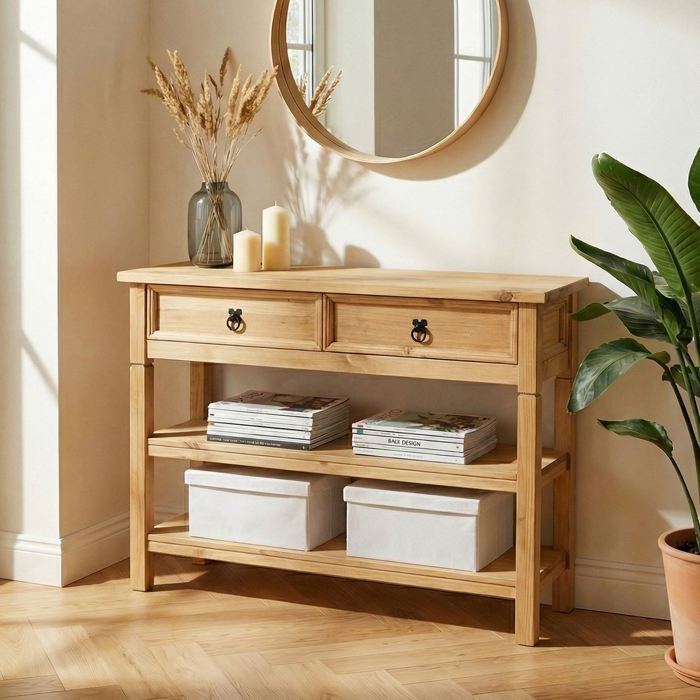 Table console TEQUILA table dappoint style mexicain avec 1 tiroir et 2 étagères en pin massif finition teintée/cirée Table console TEQUILA table dappoint style mexicain avec 1 tiroir et 2 étagères en pin massif finition teintée/cirée