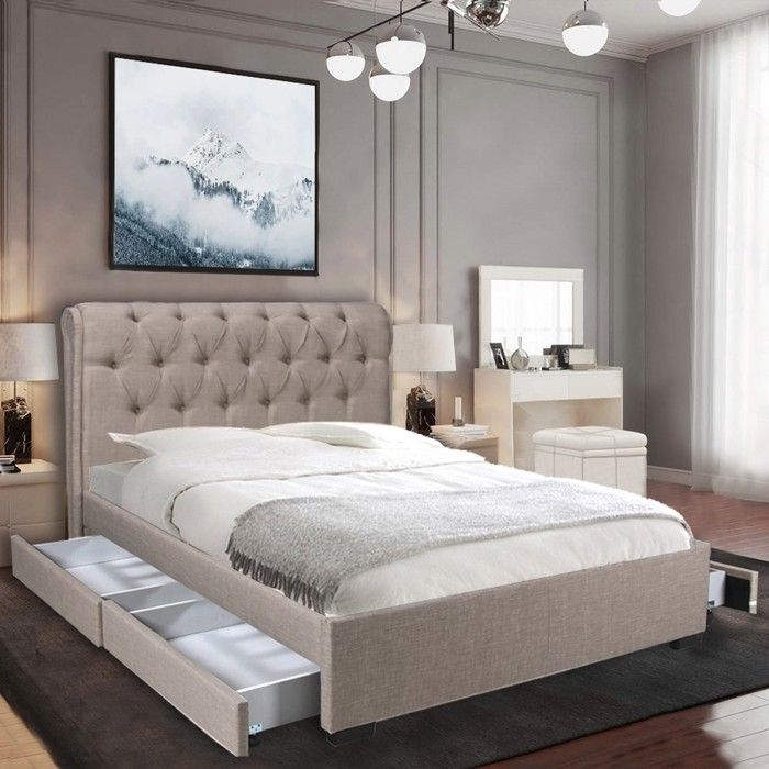 Lit CHELSEA 140x190 + 4 tiroirs + sommier / Beige Lit CHELSEA 140x190 + 4 tiroirs + sommier / Beige
