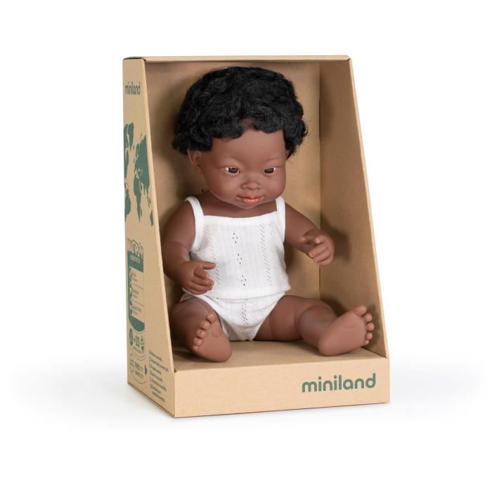 Poupée Miniland Baby Doll Boy Dark Brown Down Syndrome Vanilla Scent - 38 cm