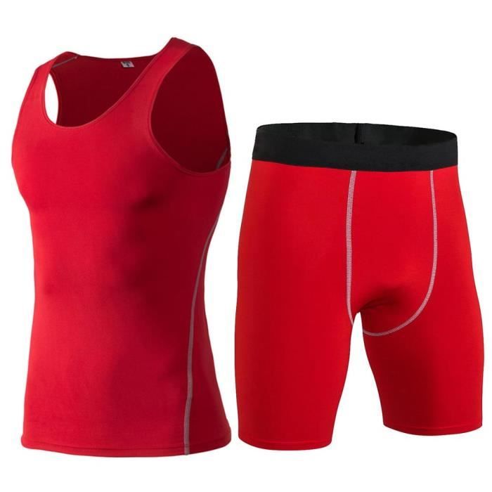 Ensemble de Sport Homme - Débardeur Stretch et Short de Compression Rouge - Fitness - Respirant