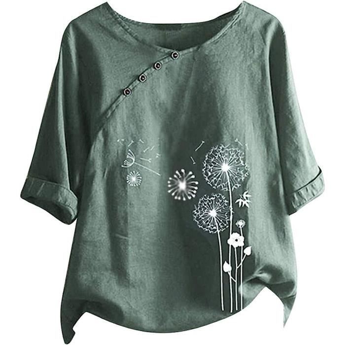 Chemise Lin Femme Col Rond Manches Courtes Imprimée - Blouse Chic Respirante Grande Taille