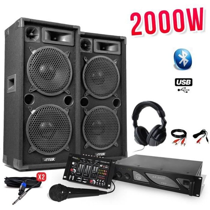 Pack Sono DJ 1000W - Ampli + 2 Enceintes 600W + Table De Mixage + Micro + Clé USB 32 Go