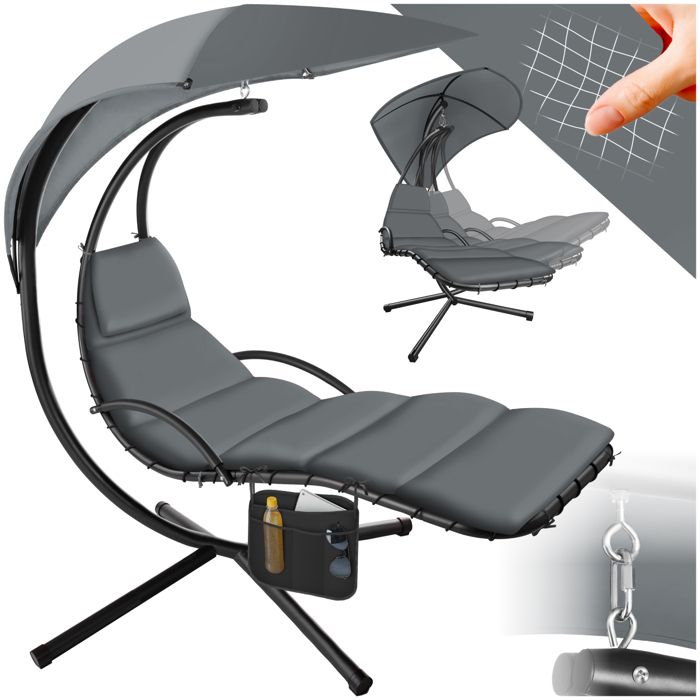 Fauteuil - TECTAKE - Fauteuil suspendu ELARIA avec pare-soleil et poche latérale design chic robuste 195 x 132 x 197 cm - Gris