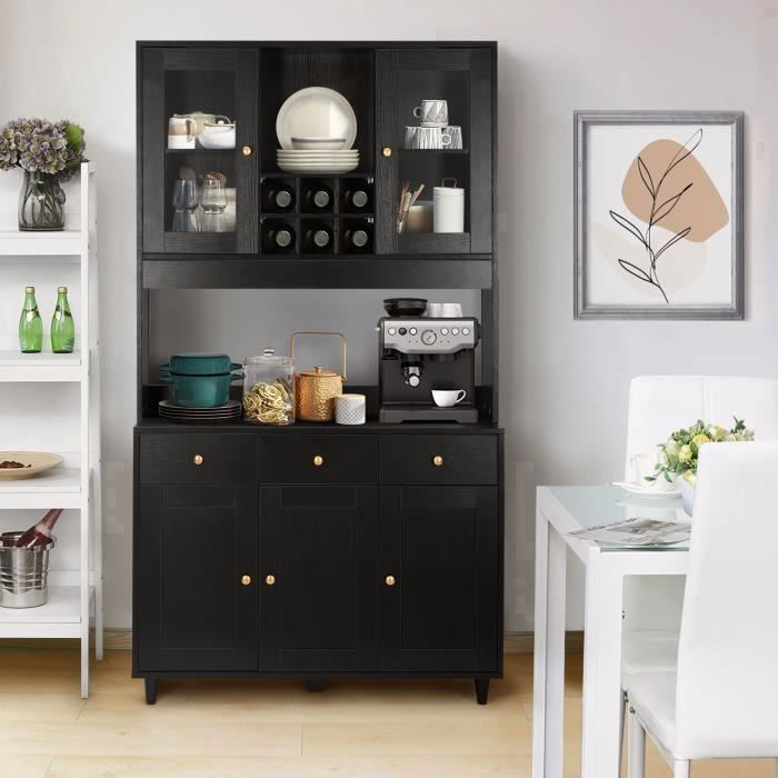 Buffet de Cuisine - VOWNER - Vaisselier Armoire de Cuisine Buffet Salon Rangement 5 Étagères Réglables - 5 Placards - Noir