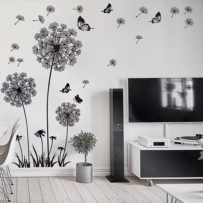 Sticker Mural Fleur de Pissenlit Noir (165x130cm) I Papillon Plante Branche  Arbre I Sticker Mural Autocollant Salon Chambre Cuisine - Cdiscount Maison