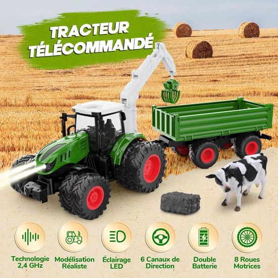 Tracteur Télécommandé Enfant Avec Remorque électrique - 2,4 GHz, Phares LED, Accessoires Ferme - Cadeau 3 à 7 Ans - 5