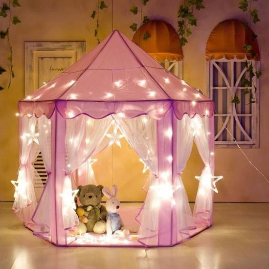 Tente Pop-up Princesse Rose Pour Fille – 120x105x128 Cm, Guirlande LED Multicolore, Peluche Grenouille Arc-en-ciel, Cadeau 3-6 Ans