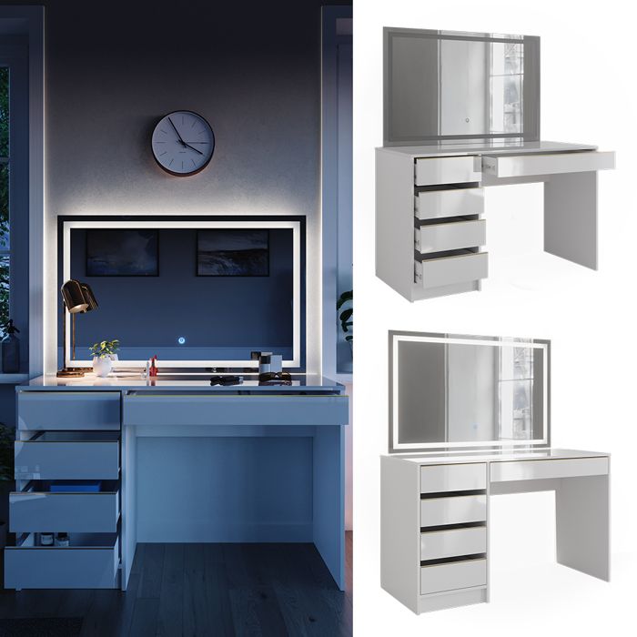 Coiffeuse Sherry blanc/blanc brillant 89.8 cm avec miroir LED et tabouret Vicco | blanc/blanc brillant | Module avec porte | 406673152504198