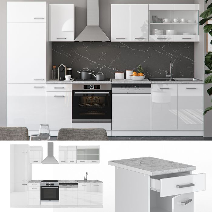 Cuisine Intégrée Vicco R-Line 300 Cm - Bloc De Cuisine Haute Brillance Blanc