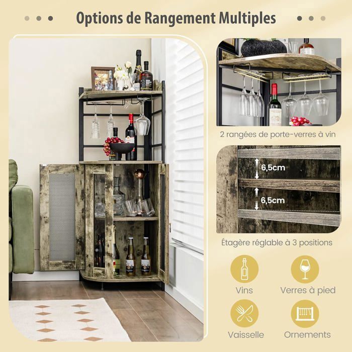 Armoire à Vin D'angle Vintage Avec éclairage LED - 5 étagères, Marron Rustique, Pour Cuisine Ou Salon (44.5x44.5x163 Cm)