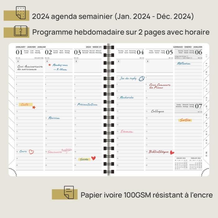Agenda 2024 Semainier 22 x 16,5 cm, Planner Vertical 12 Mois De