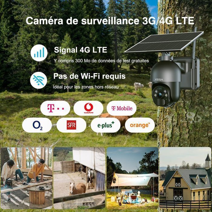 30€ sur Xega 3G/4G LTE Caméra Surveillance Solaire avec Carte Sim