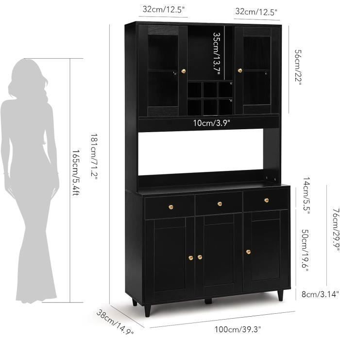 Buffet Cuisine 180 Cm Avec LED Multicolore, Multiprise USB Et Rangement - Noir, 6 Portes, Tiroir, Casier à Bouteilles