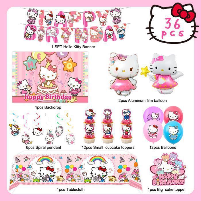 Kit Décoration Anniversaire Kitty - 100 Pièces Avec Ballons, Fanions, Autocollants Pour Fête Thème