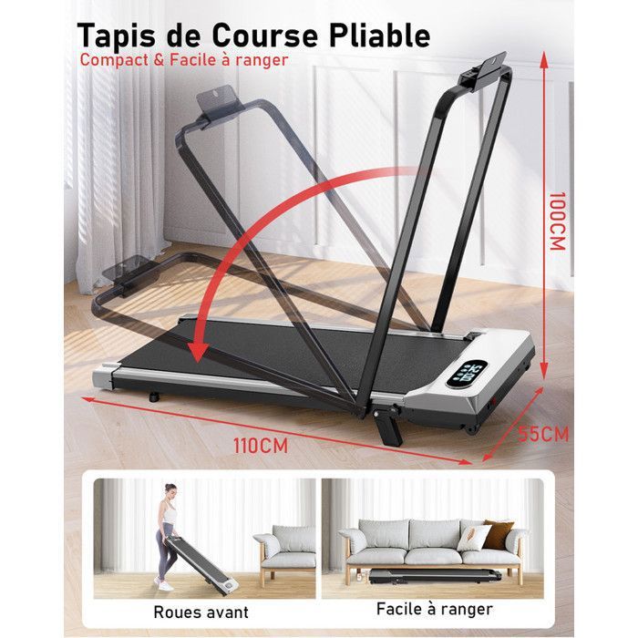 Inclinaison 0-7° -Tapis de course BIGZZIA, Walking Pad silencieux, 1-8 km/h, Télécommande et écran LCD,Tapis de march 2.5 HP Argenté - Sport
