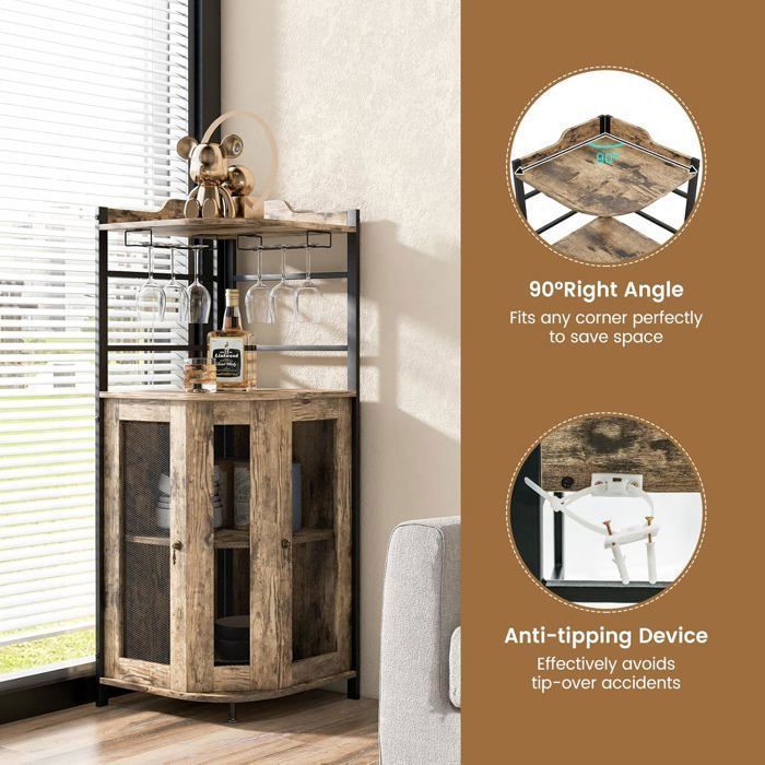 Armoire à Vin D'angle Vintage Avec éclairage LED - 5 Niveaux, Support Verre, Métal Et MDF, Marron Rustique, Pour Salon/cuisine