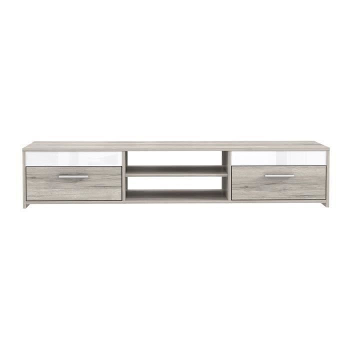 KATSO Meuble TV contemporain décor chêne cendré et blanc brillant - L 160 cm