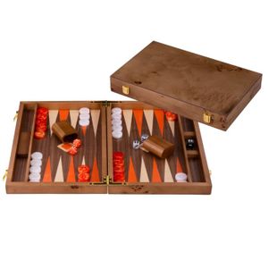 Backgammon de Luxe Bois - ENGELHART - 18 pouces (52x45,5 cm) Bois de ronce & noyer - Pions bleu/brun - Valise rigide