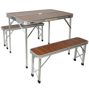 TABLE ET CHAISES CAMPING Table de pique-nique Super stable  pliante en aluminium avec 2 bancs pour camping, pique-nique, fête, barbecue, Marron