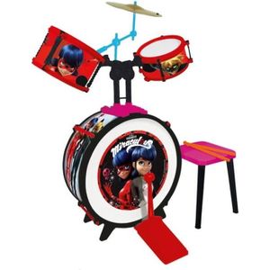 INSTRUMENT DE MUSIQUE MIRACULOUS/LADYBUG Batterie et tabouret (Grosse caisse, deux tambours, bongo, cymbale, baguettes professionnelles)