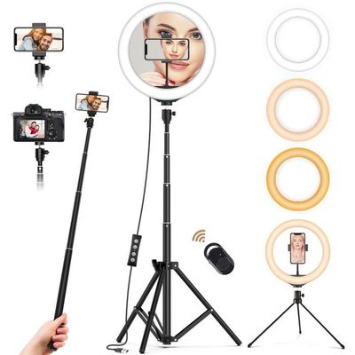 Anneau Lumineux 10" Jubor Avec Trépied Et Bras Flexible – Ring Light LED Pour YouTube, TikTok, Selfie, Maquillage, Live Streaming – 3 Couleurs 10 Niveaux