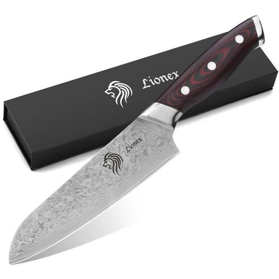 Couteau damas Lionex, Couteau Santoku avec lame en acier Damas VG-10 de 17 cm, poignée G10 – Lavable au lave-vaisselle
