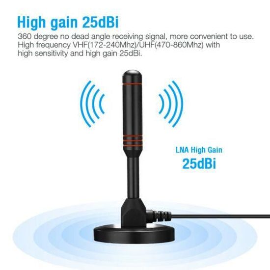 Antenne TV Intérieure/Extérieure Amplifiée - Base Magnétique - Haute Définition Numérique - Portée Longue Anti-Interférences