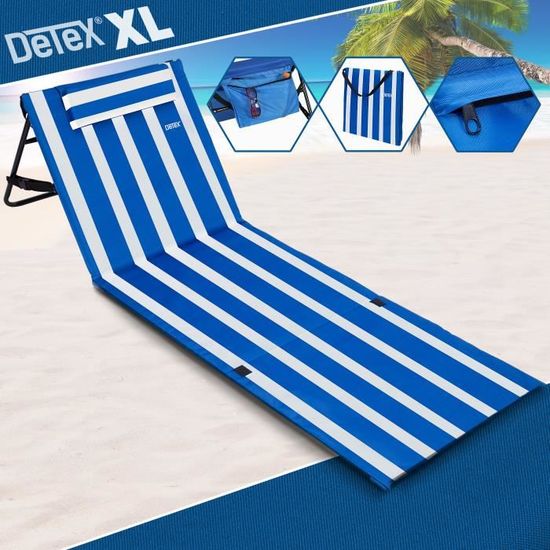 Detex Tapis de plage Bleu et blanc 158x56 cm transat rembourré avec dossier pliable natte de plage transportable extérieur