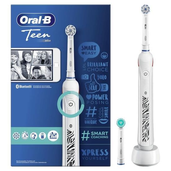 Oral-B Teen Brosse à Dents Électrique Rechargeable, 1 Manche, 1 Brossette, Technologie 3D, Élimine jusqu’à 100 % plaque dentaire