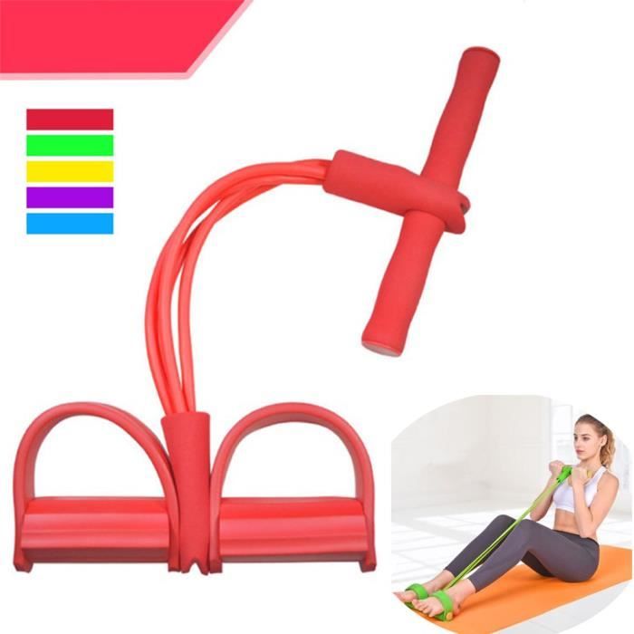 Appareil de gym 4 avec repose-pieds pour exercice - Rameur avec élastique Rouge