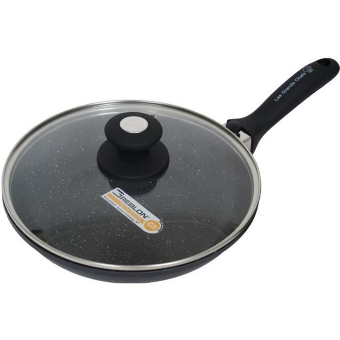 Les Grands Chefs Professionnel – Poêle Pierre 32 CM - Inclus Manche Amovible, Couvercle et Disque anti-rayures