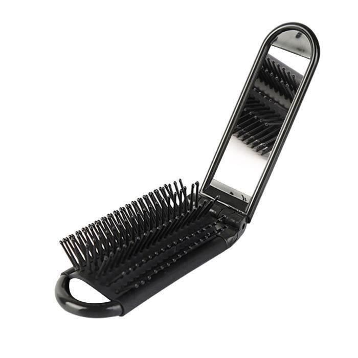 Brosse a cheveux pliante de voyage portable avec miroir Peigne de poche compact -noir