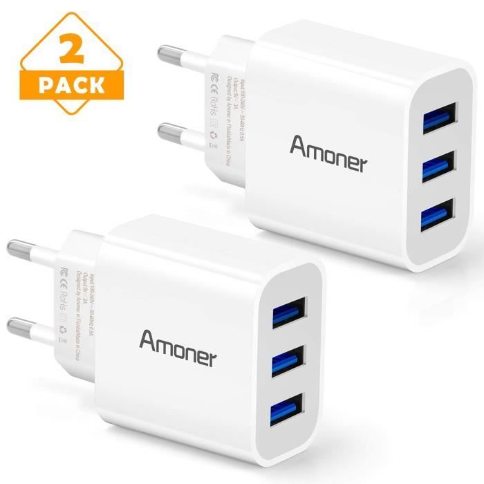 Chargeur Secteur USB 3 Ports Universel Chargeur Mural (5V 3A Max) Adaptateur USB Universel pour Apple iOS, Android
