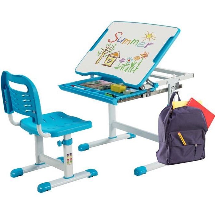 COSTWAY Bureau Enfant à Hauteur Réglable Inclinable 0-45°, Ensemble Table et Chaise avec Plateau, 1 Tiroir et Crochet en Métal Bleu
