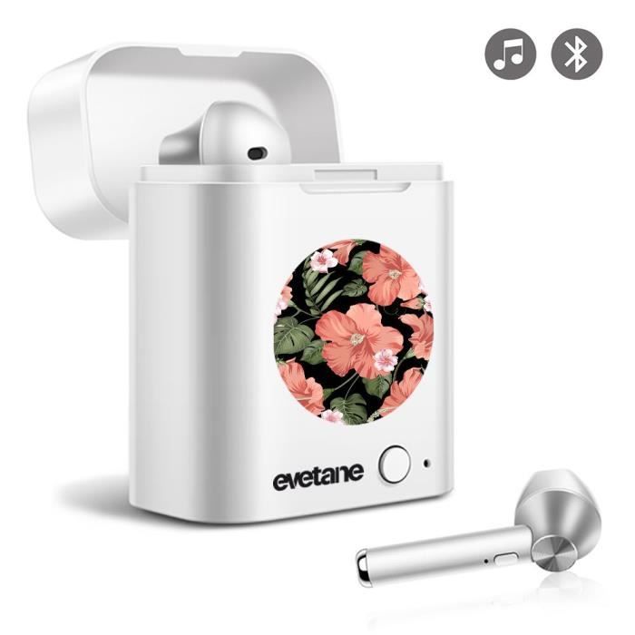 Ecouteurs Sans Fil Bluetooth Noir blanc Hisbiscus Corail Ecriture Tendance et Design Evetane.