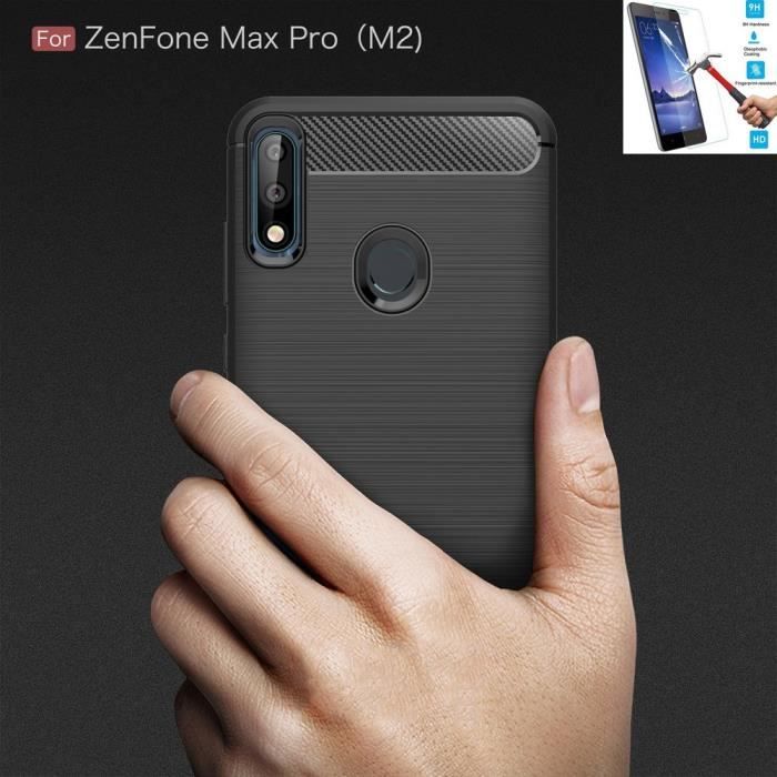 Coque Pour Asus Zenfone Max Pro M2 ZB631KL Carbone Noir + Film Verre Trempé Housse Etui En Silicone Gel Souple hfs-house®