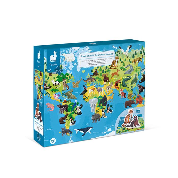 JANOD - Puzzle éducatif géant Les Animaux Menacés 200 pcs - Dès 6 Ans