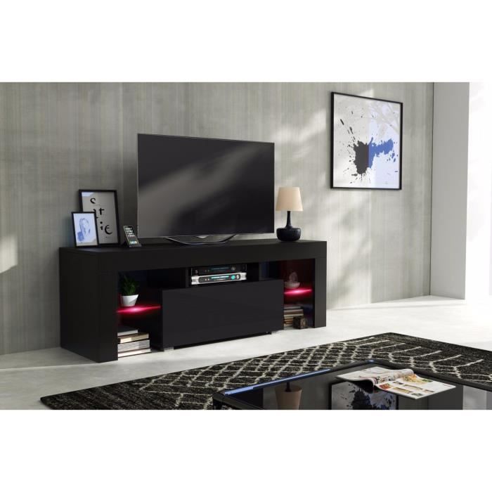 Meuble tv 130 cm corps noir mat et porte laquée avec led